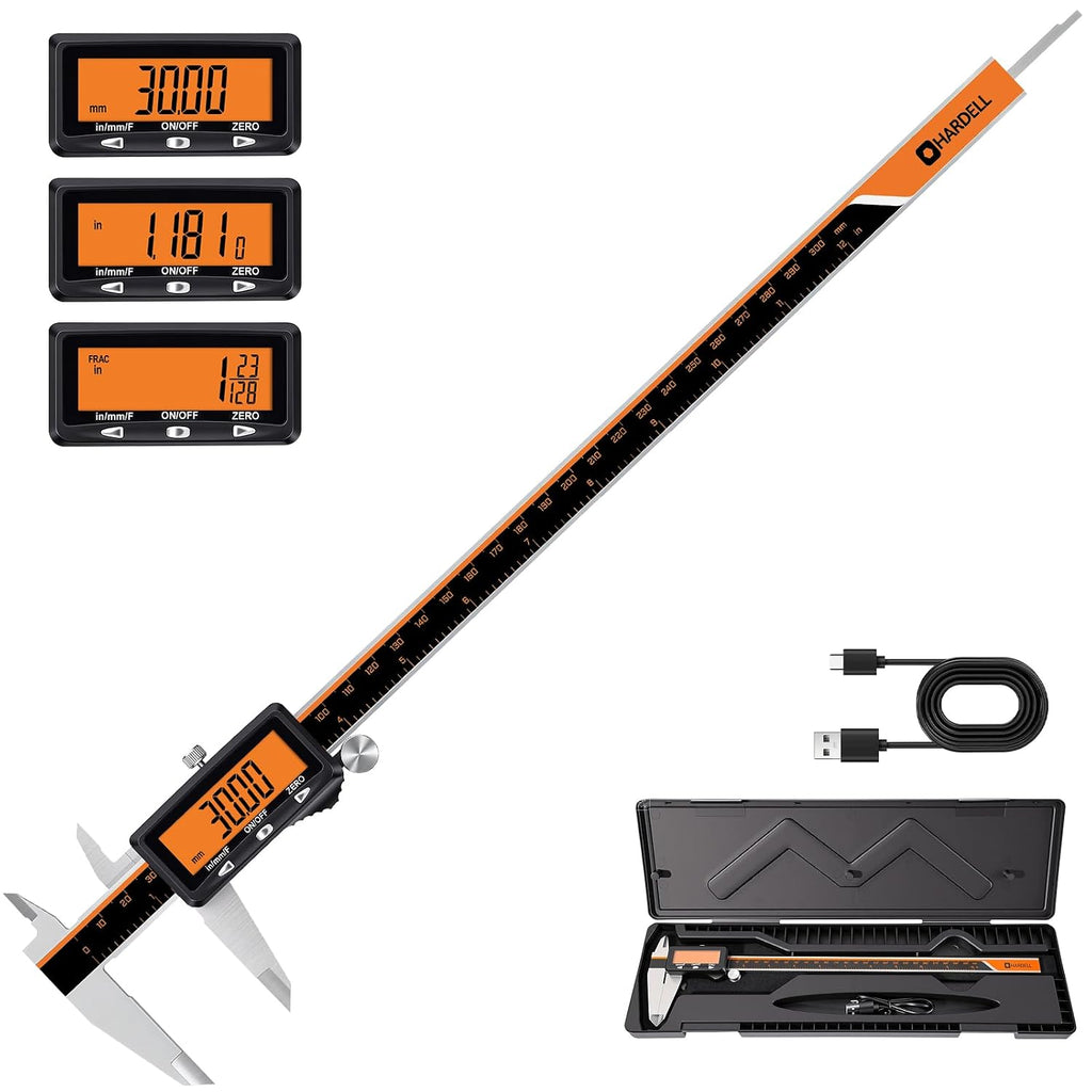 HARDELL Digital Caliper 12" USB-C Charging – Orange Display, Non-Backlit