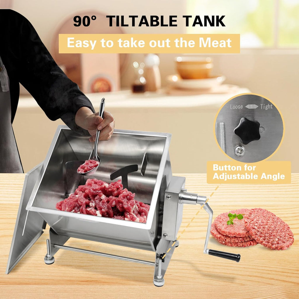 Manual Meat Mixer, 15 Pound Capacity Tilt Tank Meat Mixer for Sausage, Stainless Steel 15lbs/7.5L Sausage Mixer Food
