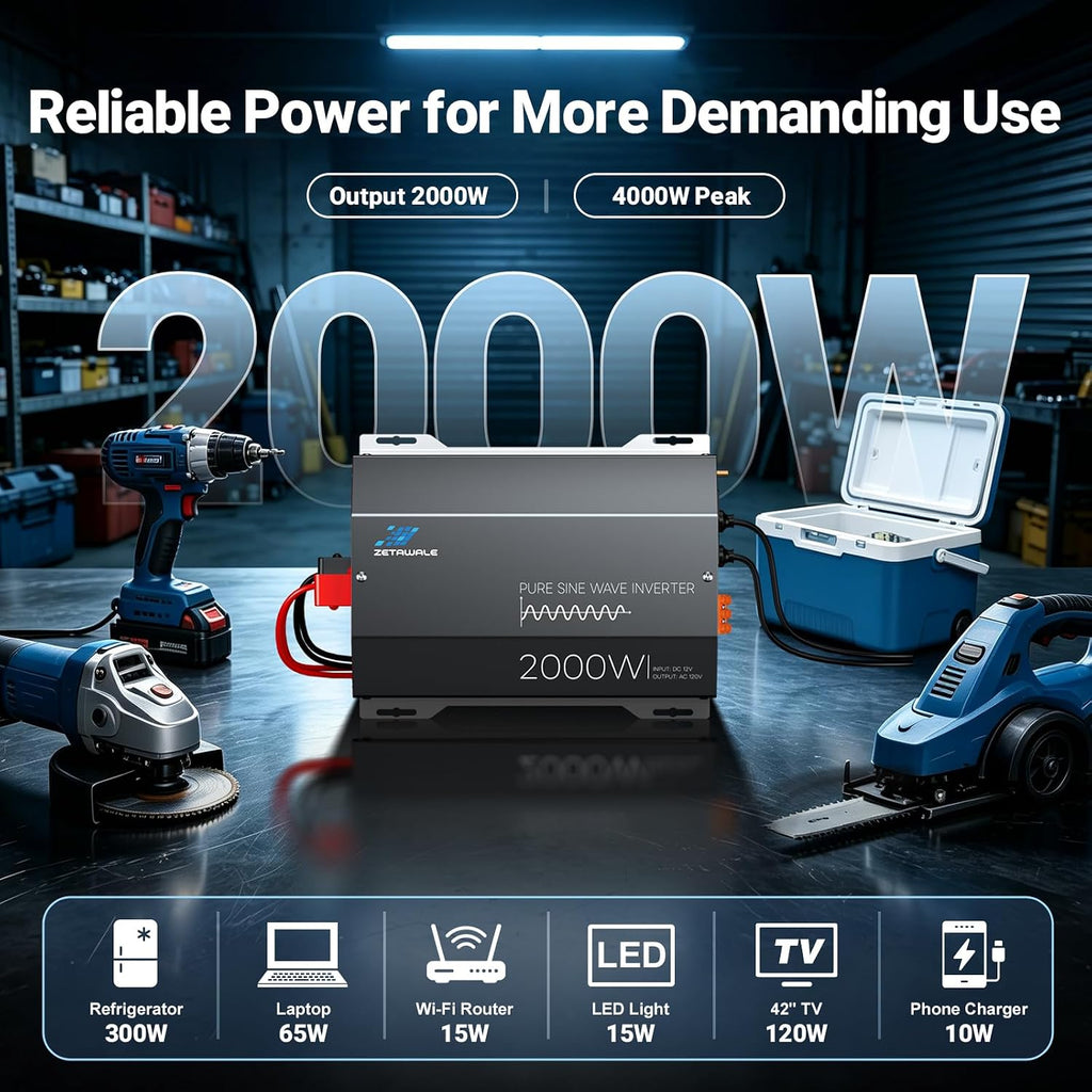 2000W Pure Sine Wave Inverter 12V DC to 120V AC Converter with LCD Remote | 4000W Peak,4AC Outlets, USB & Type-C