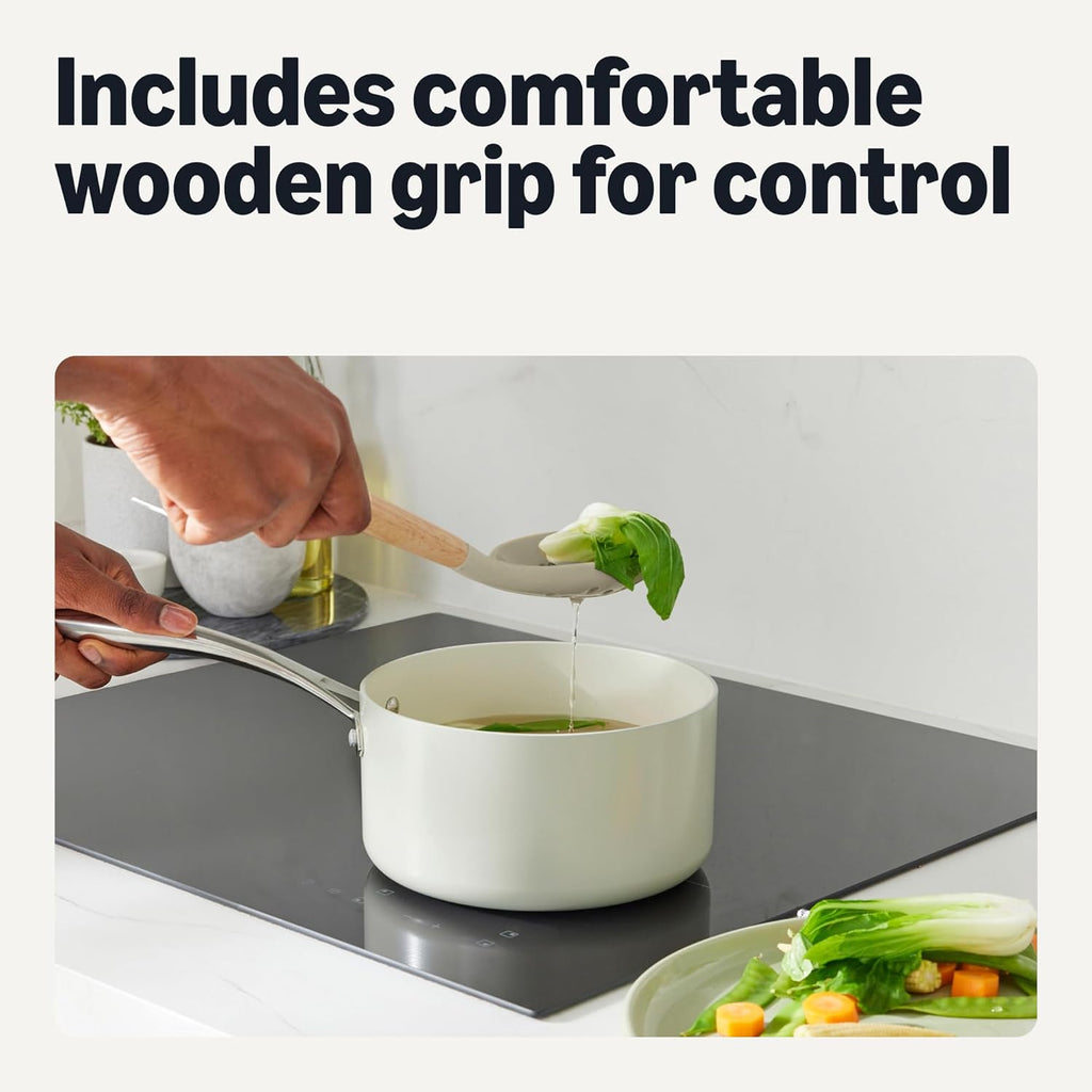 Silicone Cooking Utensils Set with Wooden Handle, 14-Piece, BPA-Free, Utensil Holder Included, Linen Gray