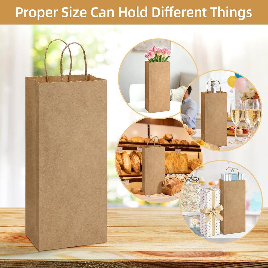 Wine Bags with Handles 5.25x3.25x13 Inch Brown Paper Bags 50 Pack