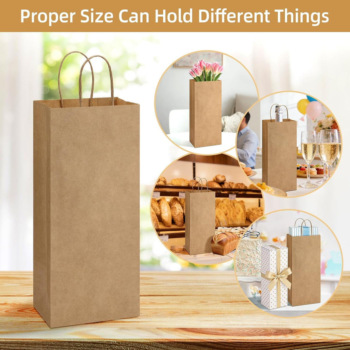Wine Bags with Handles 5.25x3.25x13 Inch Brown Paper Bags 50 Pack