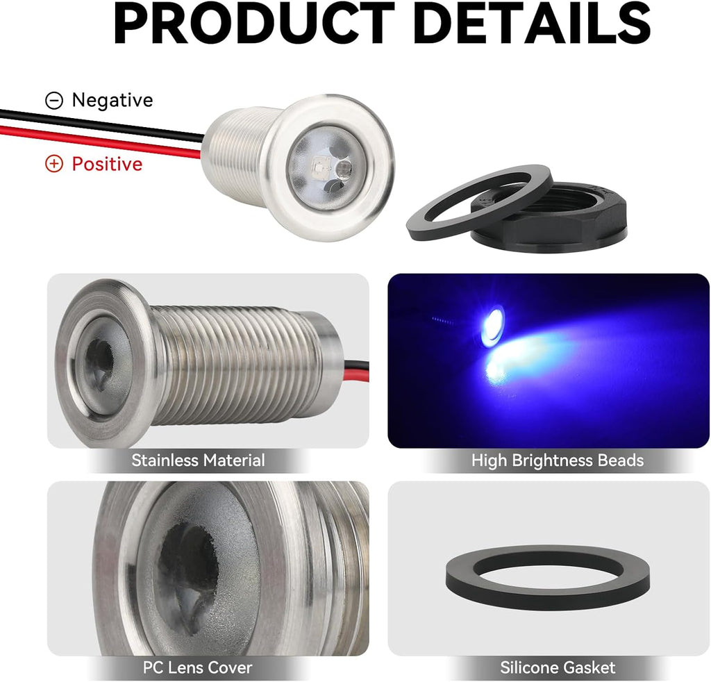 Marine LED Boat Interior Lights, 12V-24V, 4PCS Blue, IP68