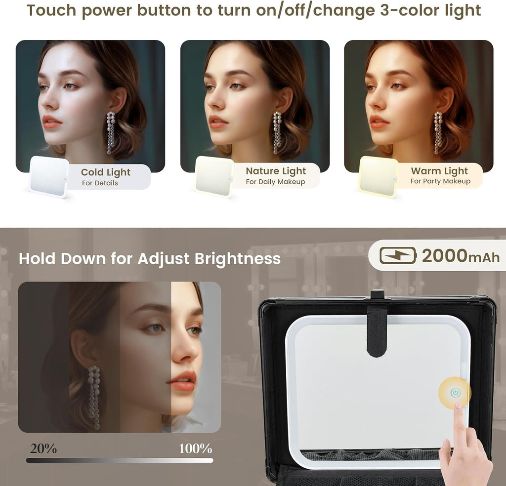 Makeup Case with Lighted Vanity Mirror, Makeup Organizer Box Travel Make up Case with LED Mirror Portable Cosmetic