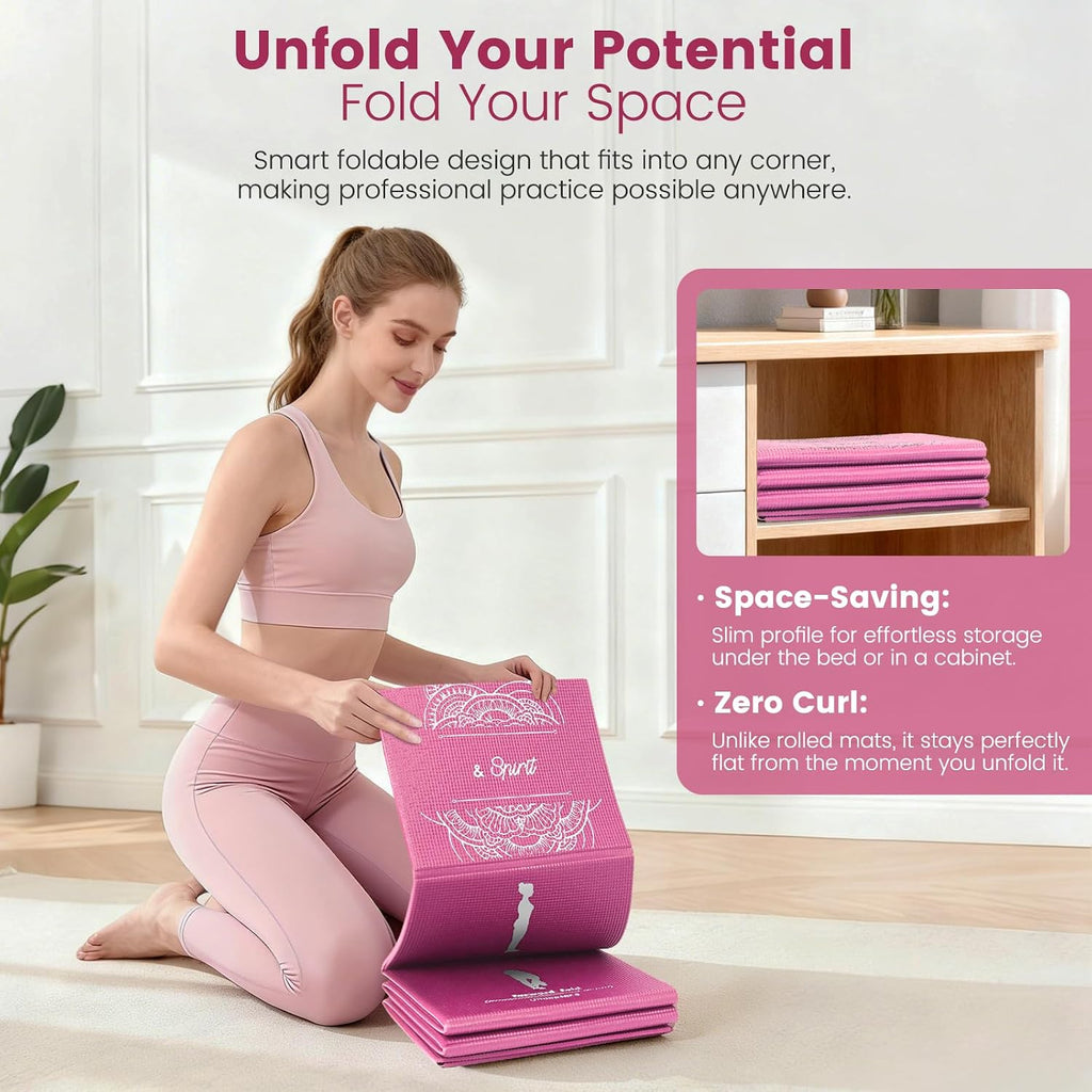 Foldable Yoga Mat and Blocks Set for Women with 2 Pack Yoga Blocks and Strap,Thin Non Slip Pilates Mat with Bag, Home