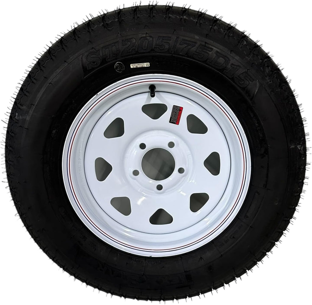 St205/75D15 Tex Star Trailer Tire On Rim, Load Range C 6 Ply Bias, 5 Lug White Spoke Wheel With 5X4.5" Bolt Pattern.