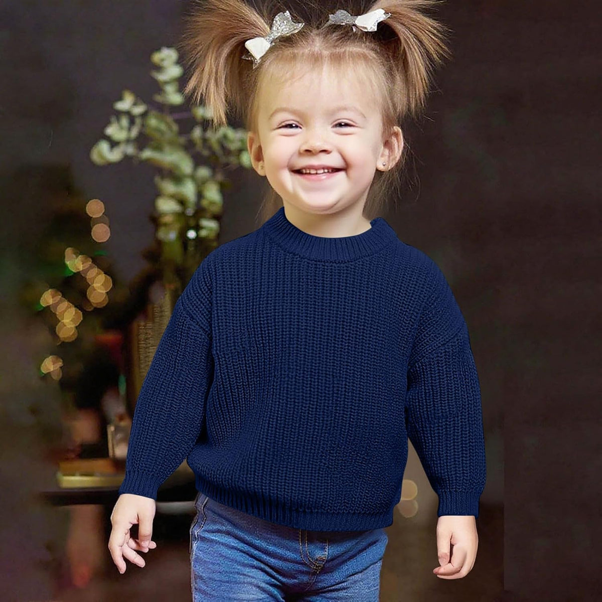 Toddler Girls Chunky Knit Sweater Crew Neck Long Sleeve Sweatshirts