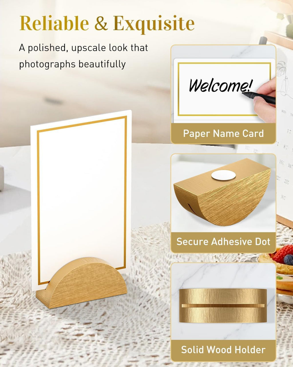 24 Pcs Place Card Holders for Wedding Party Tables | gold wood place card holders include 24 name cards and adhesive