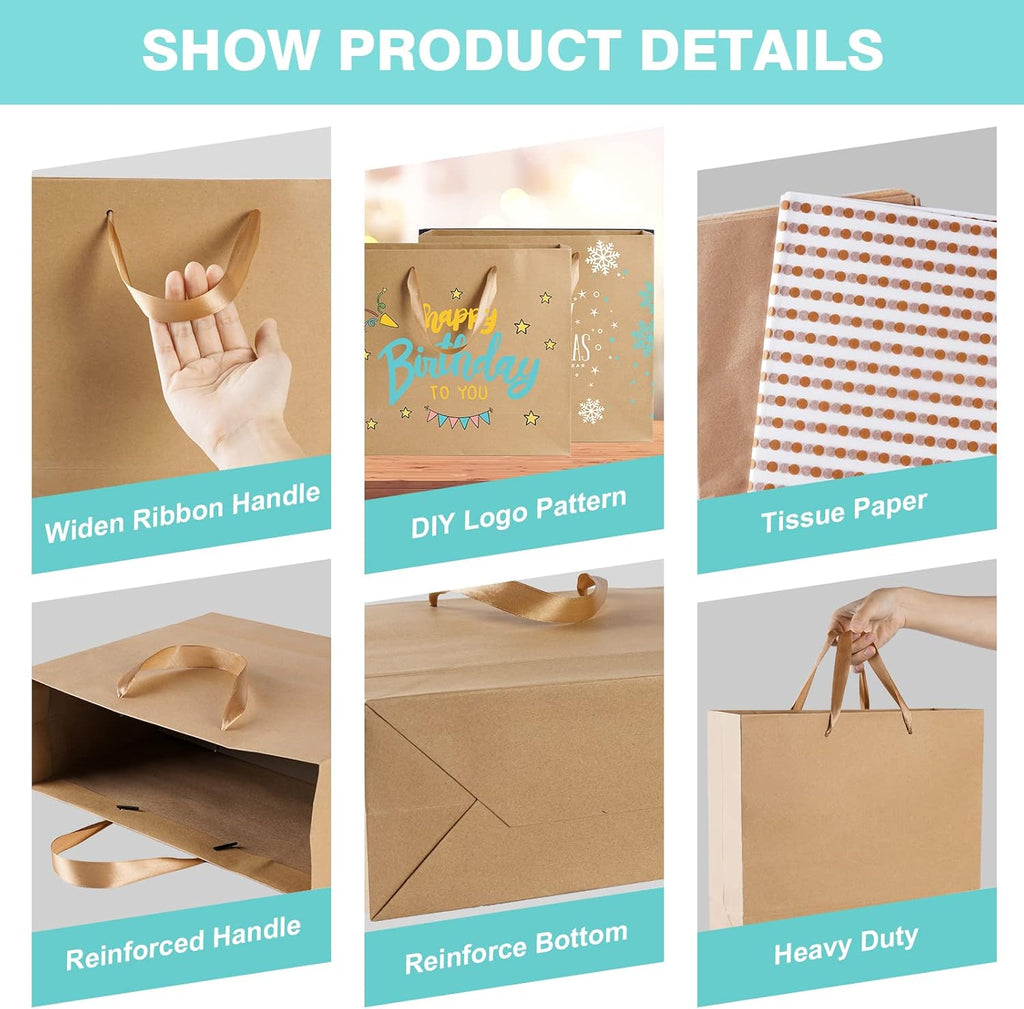 12.5" Large Brown Gift Bags for Presents with Tissue Paper & Ribbon Handles for Shopping, Small Business, Birthday