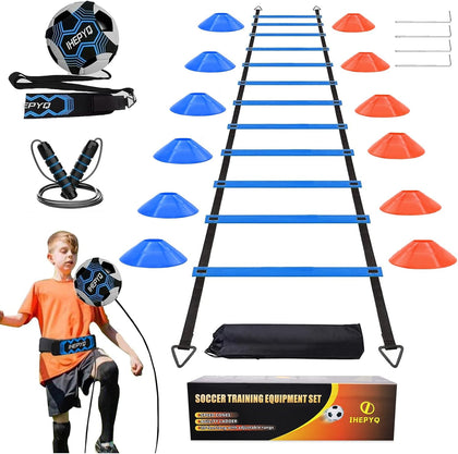 Soccer Agility Training Equipment Set, 12 Rung 20Ft Agility Ladder, 12 Disc Cones, 4 Steel Stakes, Solo Soccer