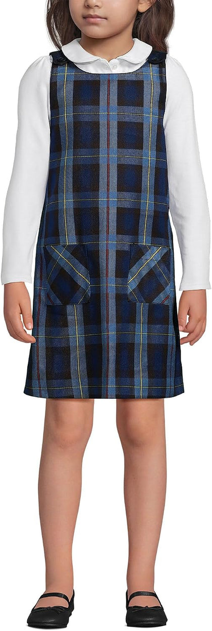 Girls Plaid Button Shoulder Patch Pocket Jumper 12 French Blue Plaid