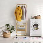Rolling Laundry Cart with Wheels, Laundry Hamper Basket Organizer with Clothes Hanging Rack, Wire Storage Cloth Shelf