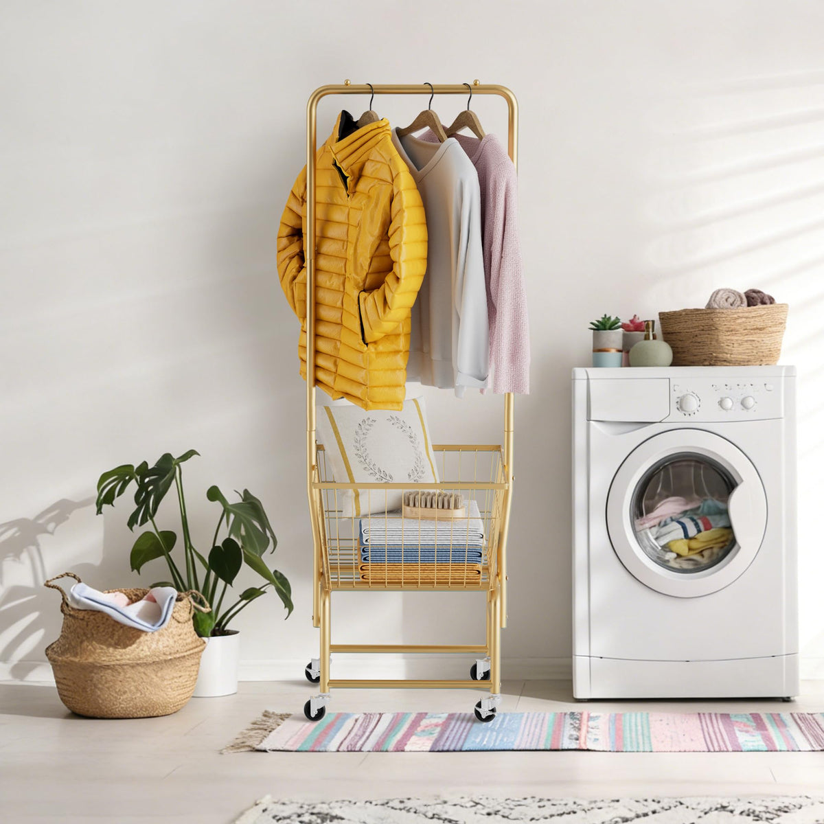 Rolling Laundry Cart with Wheels, Laundry Hamper Basket Organizer with Clothes Hanging Rack, Wire Storage Cloth Shelf