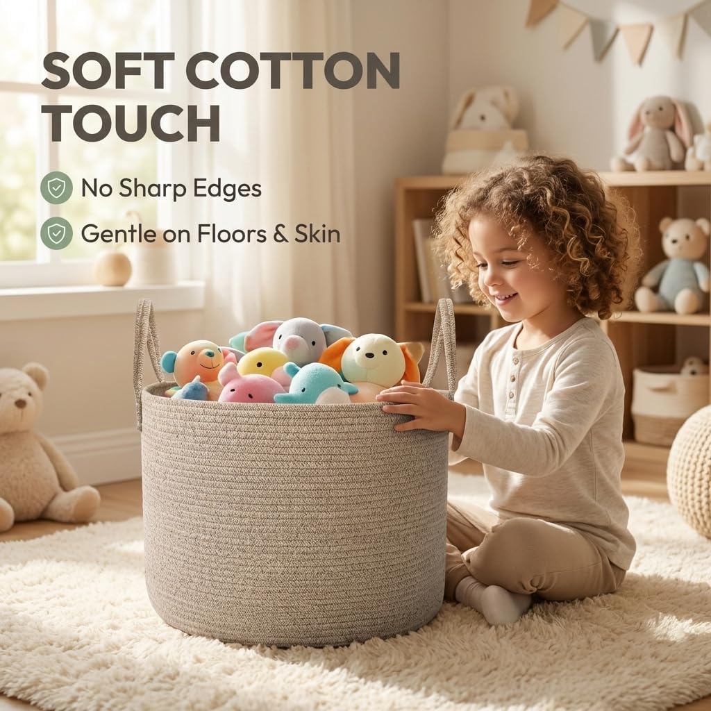 65L Extra Large Blanket Basket for Living Room - Woven Cotton Rope Laundry Hamper with Reinforced Handles - Storage