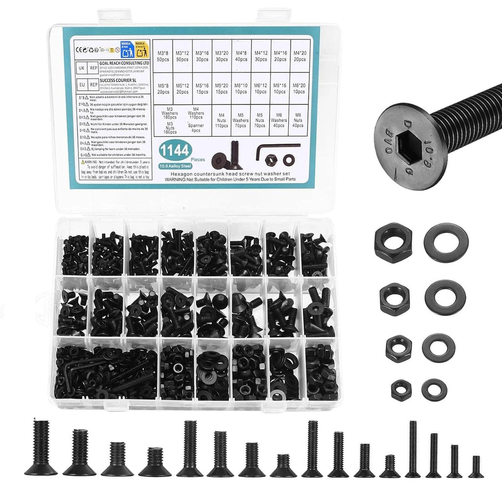 1144 PCS M3 M4 M5 M6 Countersunk Screws Assortment Kit, Hex Head Socket Set