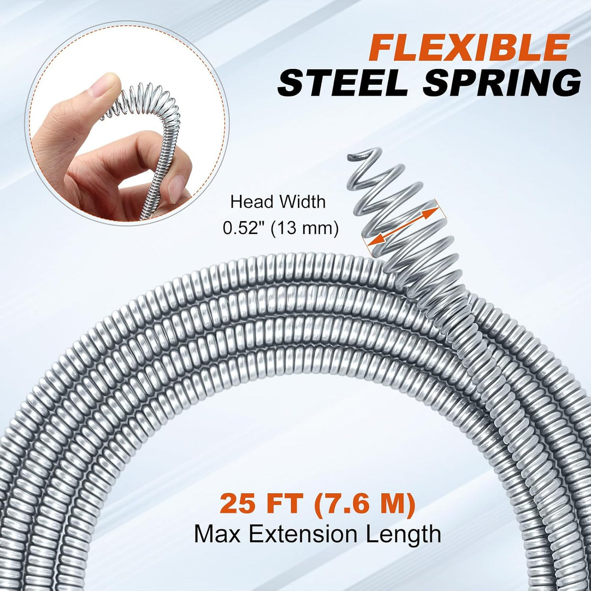 Auto-Feed Drain Snake Auger 25 ft with Drill Adapter | Plumbing Snake Drain Hair Removal Tool, Drain Auger Snake Hair
