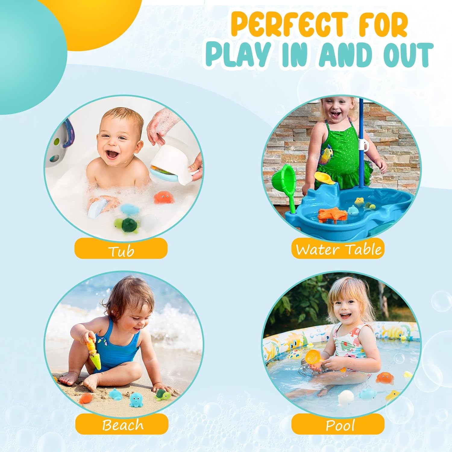 Bath Toys 6 Pack No Hole Baby Bathtub Toys Soft Squeezable & Float on Water Easy-Grip Toddler Bath Toy Set for Kids