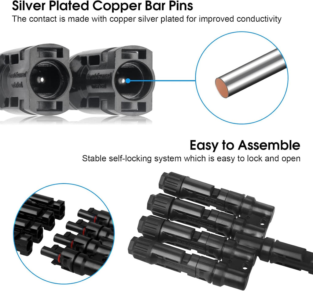 Solar T-Branch Connectors 4 to 1 Solar Panel Parallel Adapter,1Pair | Solar Y Splitter,Quick-Connect, 1 M to 4 F and