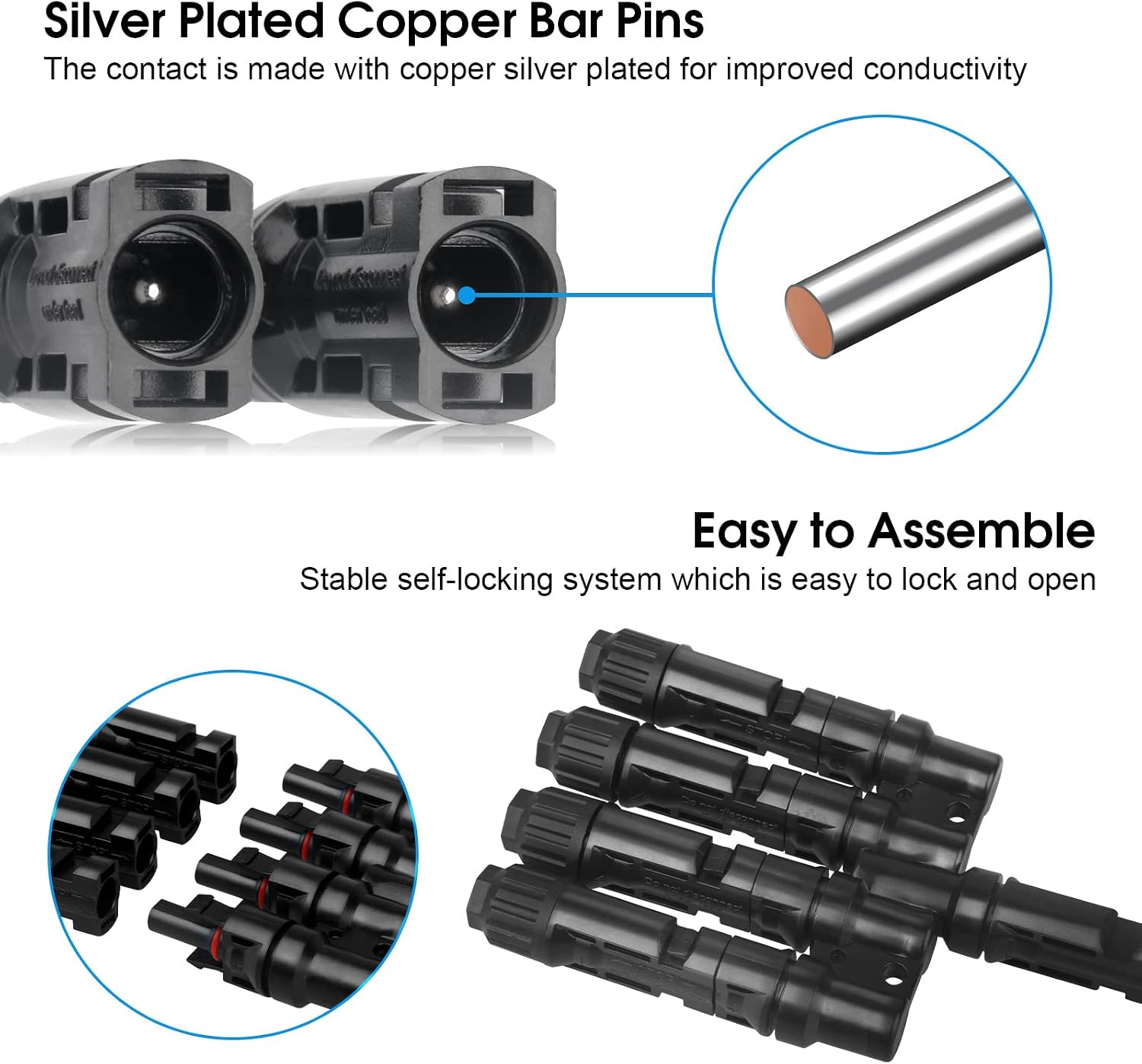 Solar T-Branch Connectors 4 to 1 Solar Panel Parallel Adapter,1Pair | Solar Y Splitter,Quick-Connect, 1 M to 4 F and