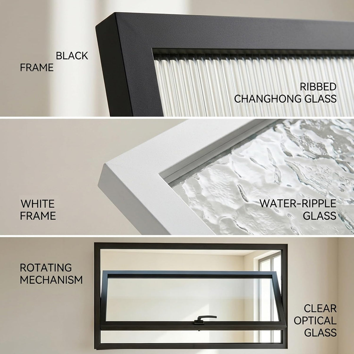 Custom Size Rectangular Basement Window with Tempered Glass, 360° Rotating Aluminum Hopper Window with Handle,Flush