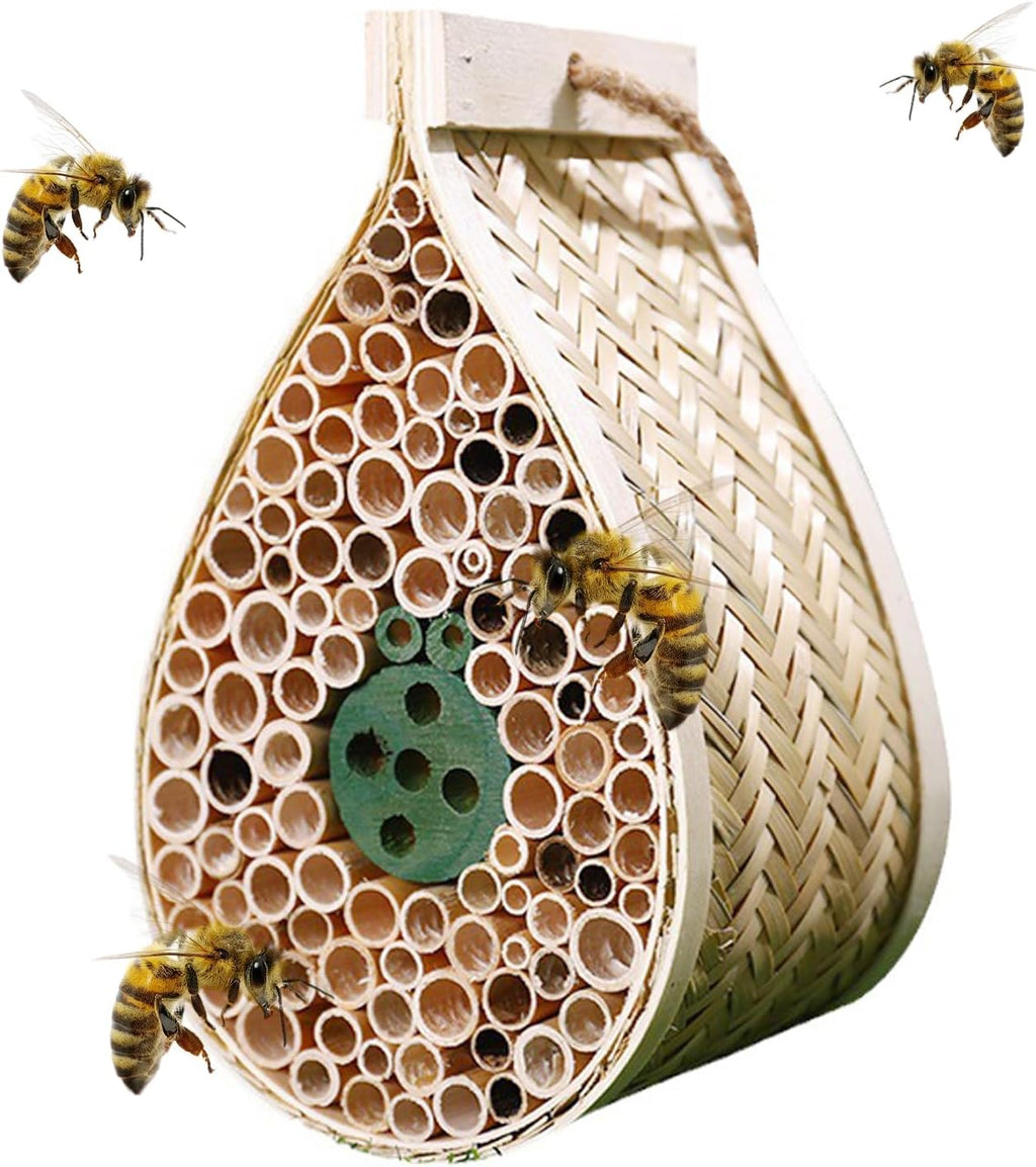 Mason Bee House, Pollinating Palace，Hanging Wooden bee House Habitat with Bamboo Tubes for The Garden and Yard Bee