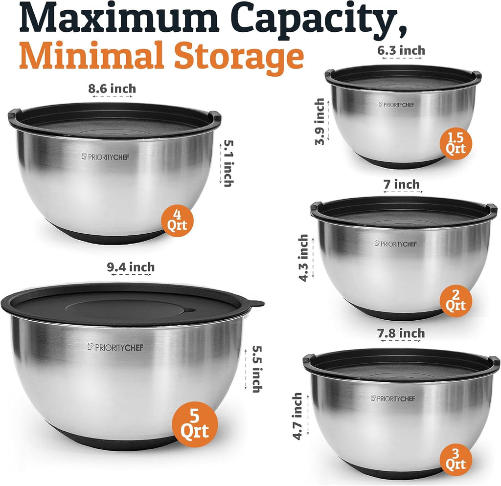 Stainless Steel Mixing Bowls with Lids Set, 3 Grater Attachments, Airtight Lids, Non-Slip Silicone Base Mixing Bowl