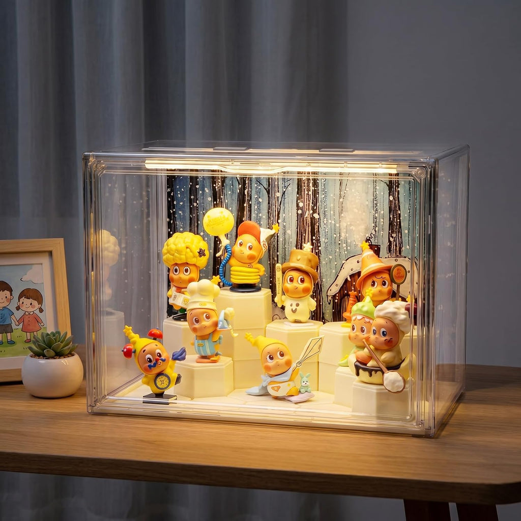 Clear Acrylic Display Cases for Collectibles with LED Light,DIY Scene, with Backdrop, No Dust , No Moisture, for