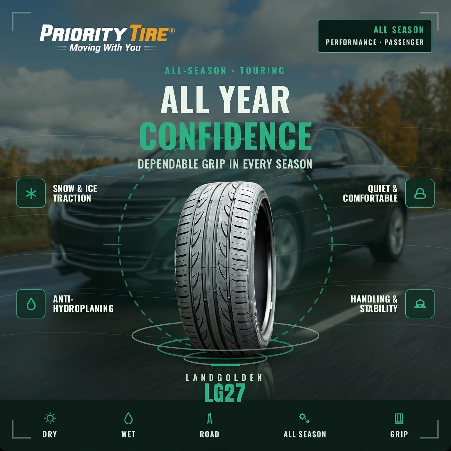 LG27 215/45ZR17 91W XL All Season High Performance Tire | Passenger High Performance All Season Traction 91W Rated