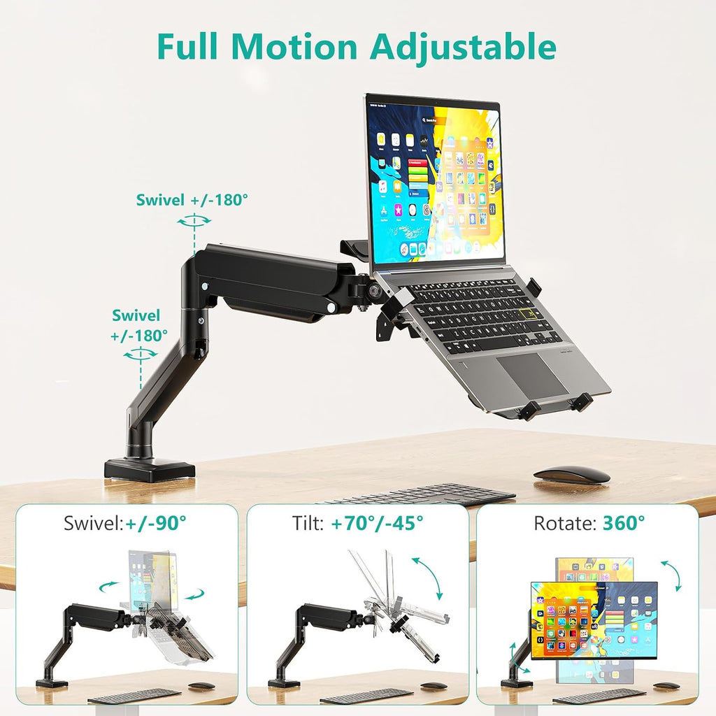 Single Arm Laptop and Monitor Desk Mount for 17" Notebook and Up to 32" Screen, 2-in-1 Adjustable Gas Spring Monitor