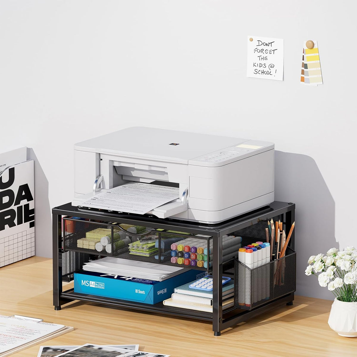 Metal Printer Stand for Desk with Storage Drawer and 2 Pen Holders, 2-Tier Desktop Organizer Printer Table for Home