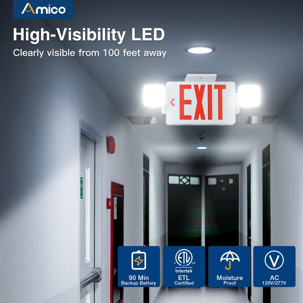 Amico 4 Pack Commercial Red Double-Sided Exit Sign with Large LED Light