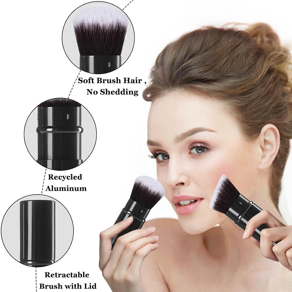 Retractable Kabuki Makeup Brush, 2 Pack Travel Face Powder Brush Set