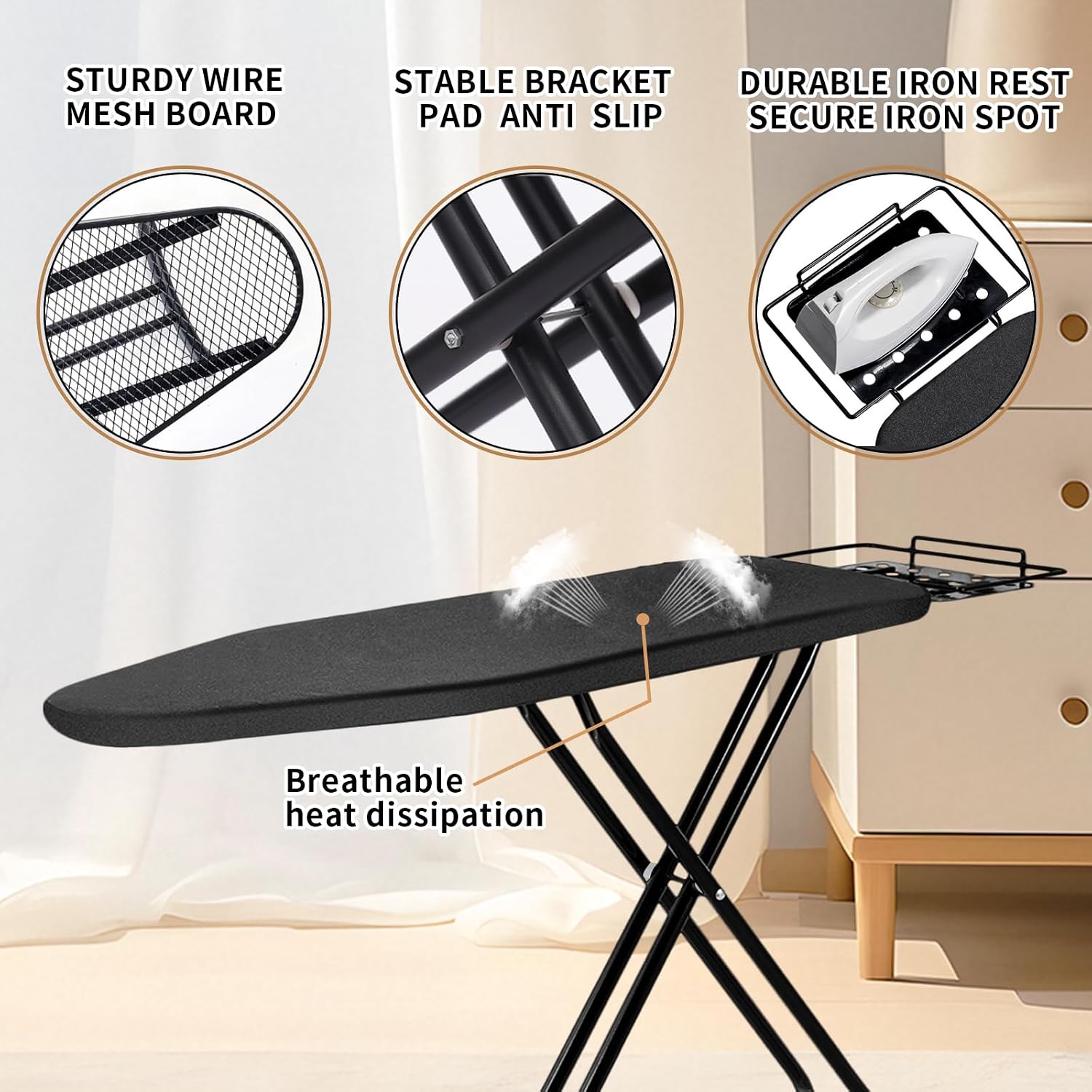Ironing Board, 43x14 Inch Iron Board with Steam Rest, Heavy Duty Metal Frame Legs Ironing Table with Heat Resistant
