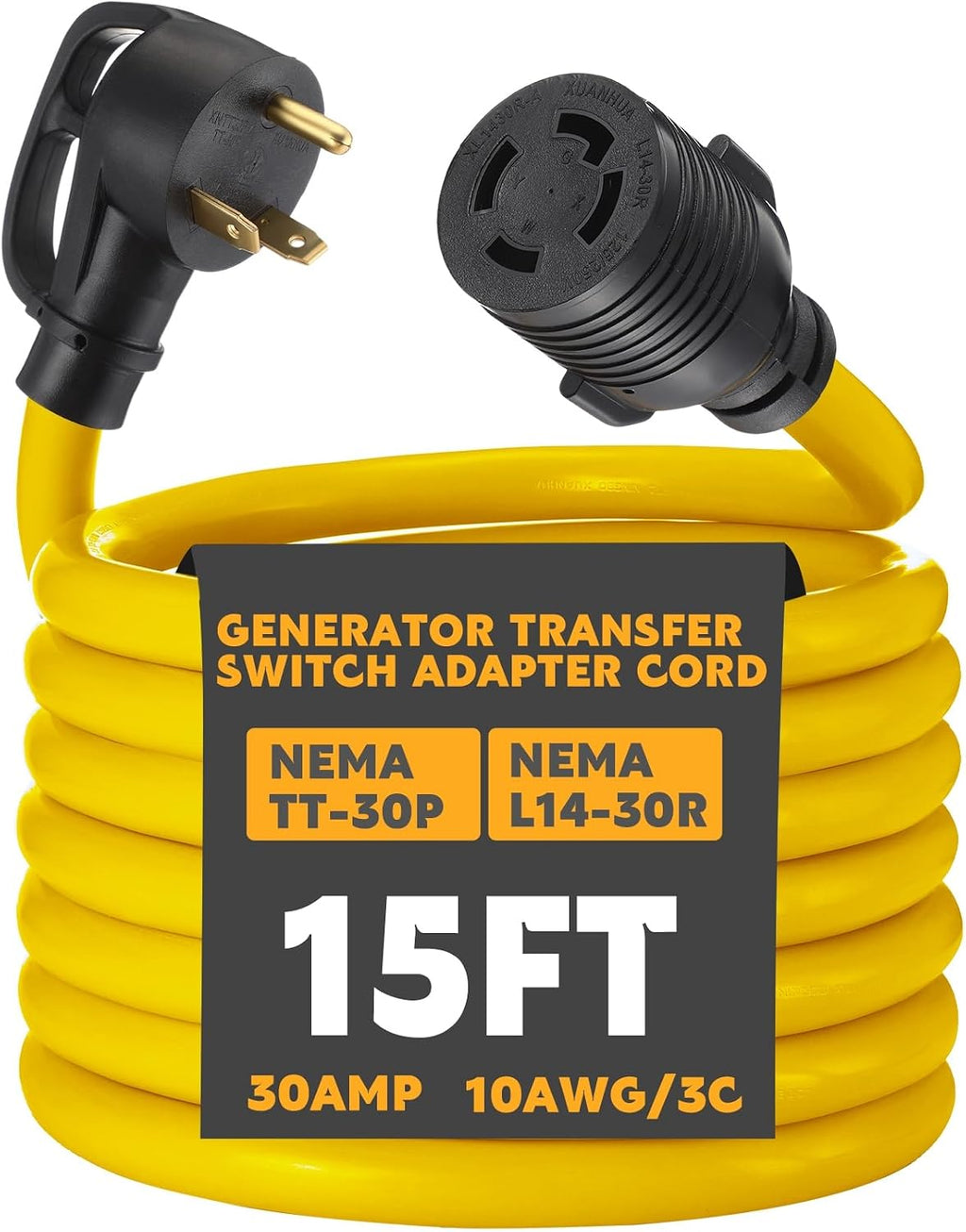 15ft NEMA TT-30P to L14-30R Generator Transfer Switch Adapter Cord | 30 Amp 3 Prong to 4 Prong Generator to House