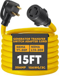 15ft NEMA TT-30P to L14-30R Generator Transfer Switch Adapter Cord | 30 Amp 3 Prong to 4 Prong Generator to House