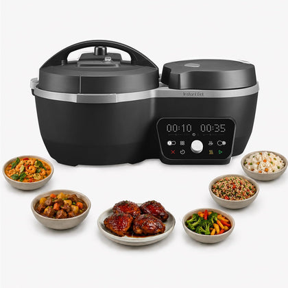 Dual Action 8‑in‑1 Multi-Cooker with Serve Together Smart Timing, 4Qt Pressure Cooker & 2Qt Rice Cooker, Cook Mains &