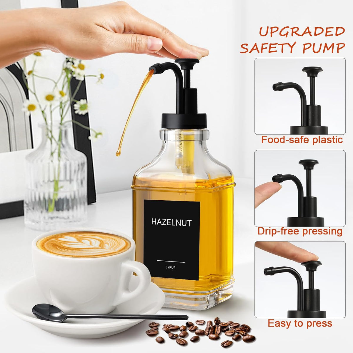 Coffee Syrup Dispenser, Coffee Bar Accessories 16.9 fl oz/500ml, Glass Syrup Dispenser with Pump Dispenser, Labels
