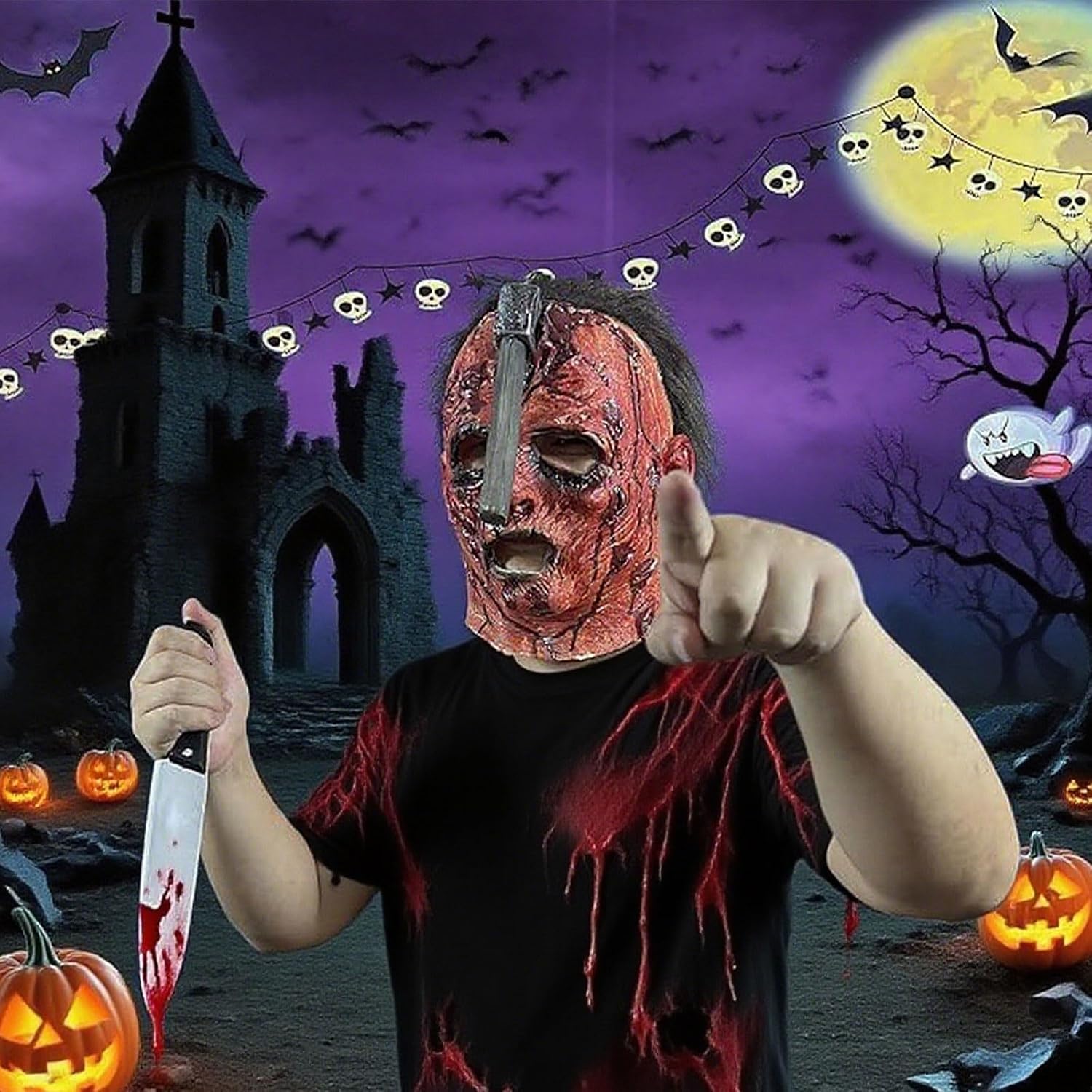Horror Demon Monster Mask, Adult Latex Axe Pattern Design Scary Mask for Halloween Horror Themed Party Cosplay