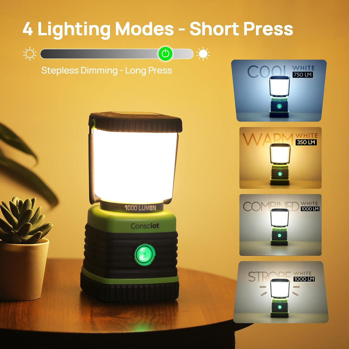 1000LM LED Camping Lantern Rechargeable, 4 Light Modes, Dimmable | 4400mAh Portable Battery Pack, IPX4 Waterproof