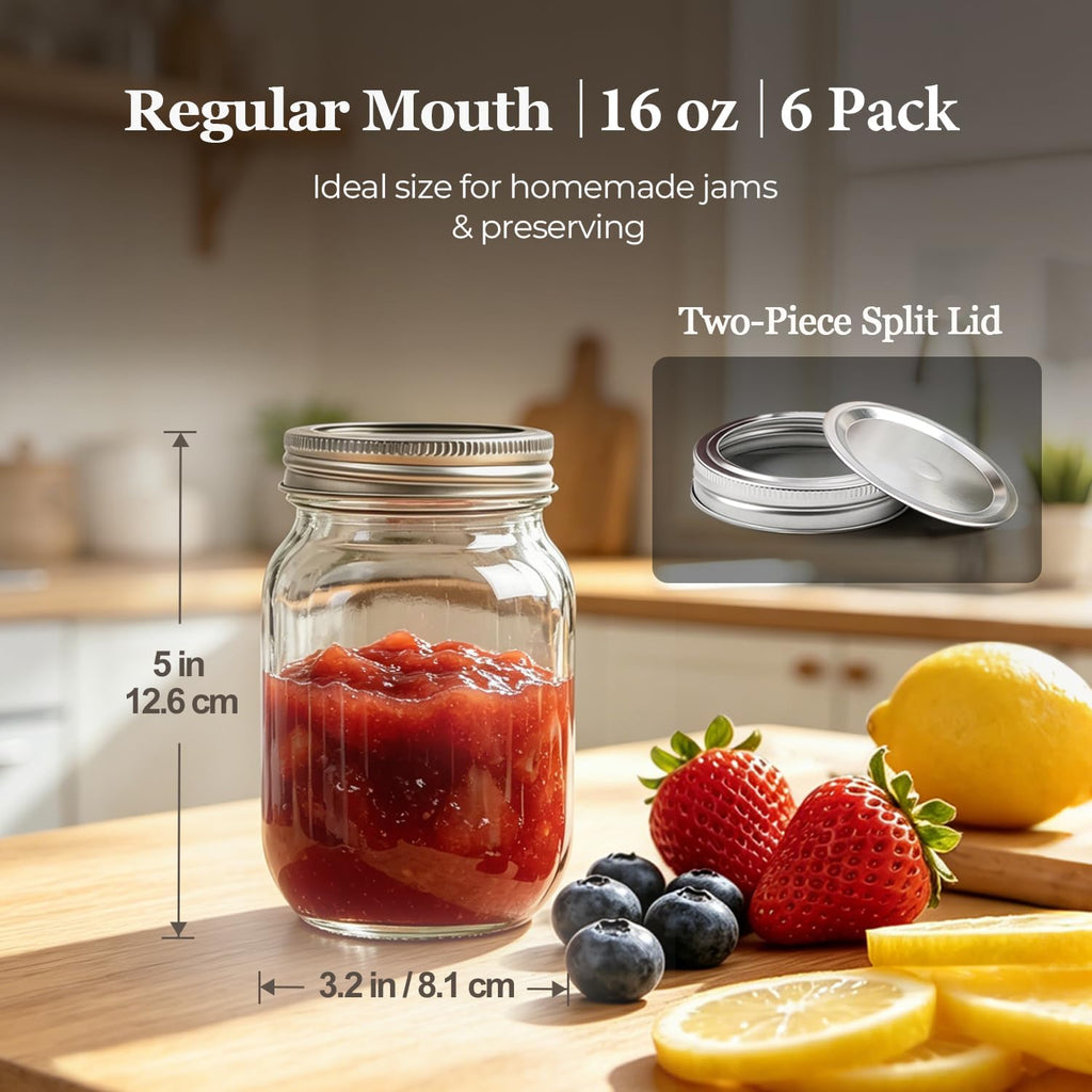 Regular Mouth Mason Jars 16 oz with Lids, 6 Pack Canning Jars