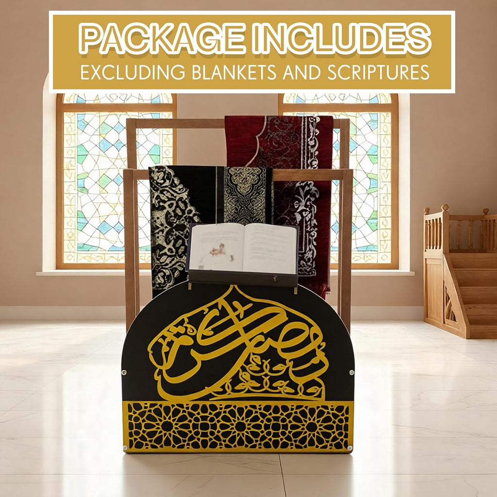 Wooden Quran Stand and Prayer Mat Holder with Arabic Calligraphy, Black Gold Islamic Home Decor for Room, Quran Book