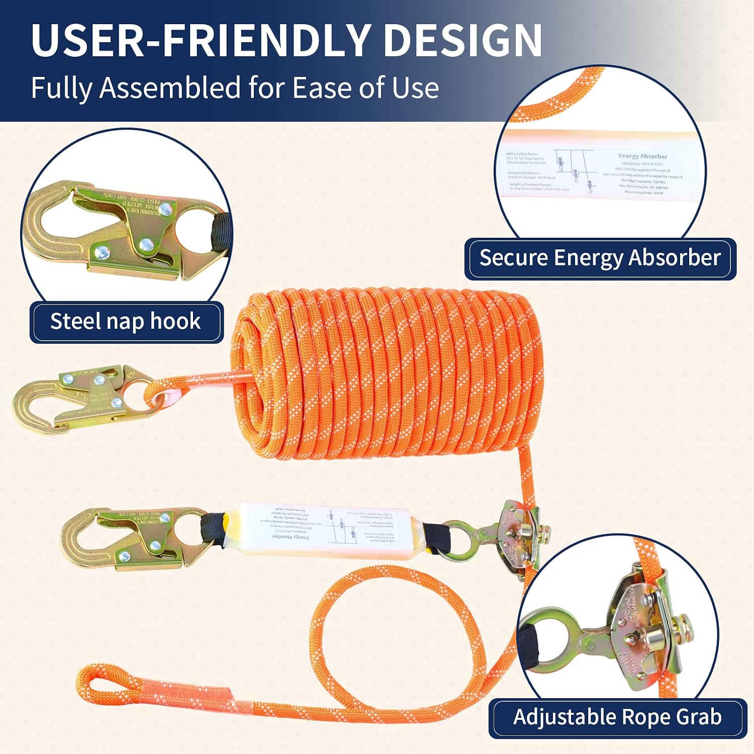 100FT Fall Protection Safety Rope, Heavy Duty Vertical Roofing Rope | Rope Harness Safety Lanyard with Grab Snap