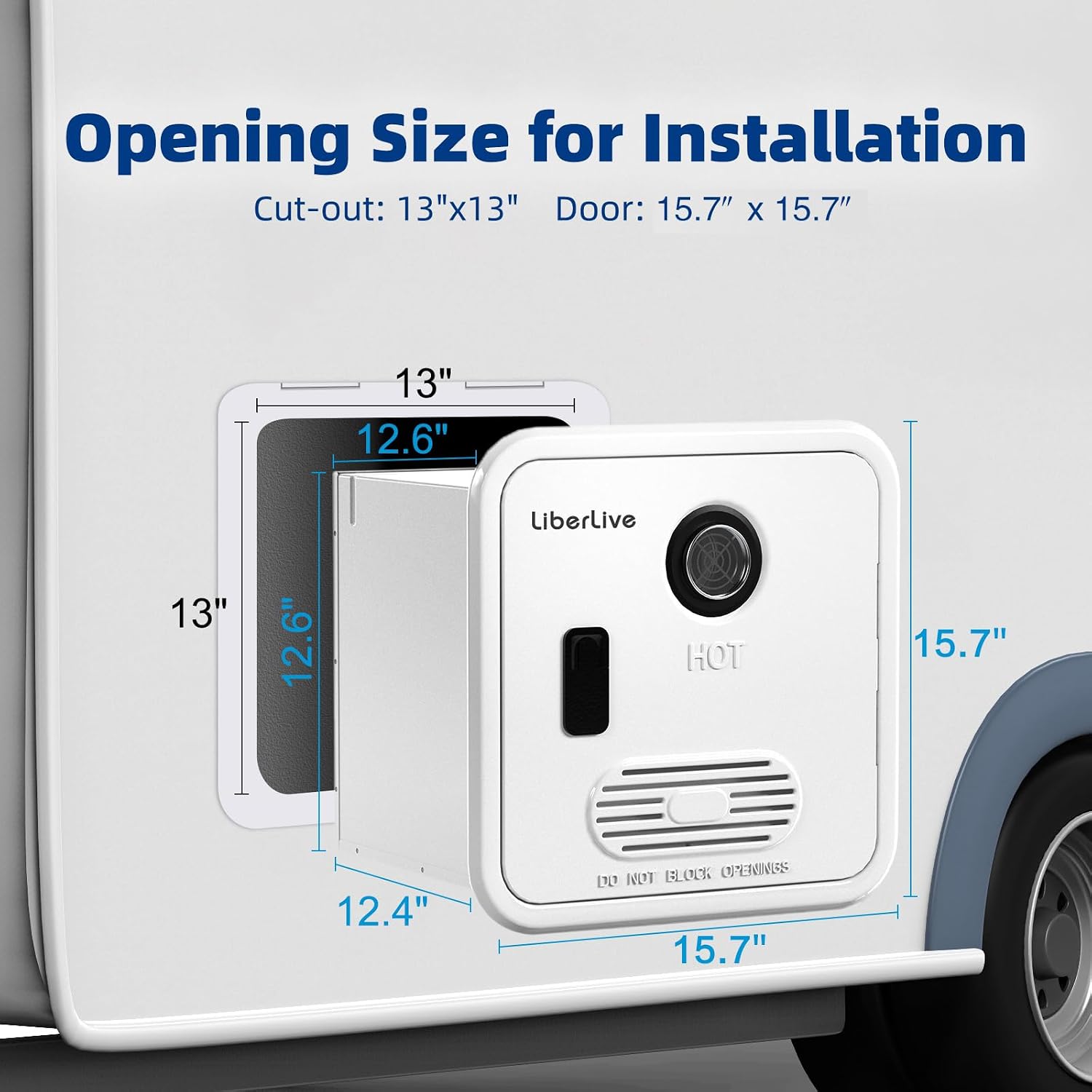 RV Tankless Water Heater, On Demand Instant Propane Gas RV Hot Water Heater, DC 12V, 15 x 15 inch Door & Front Water