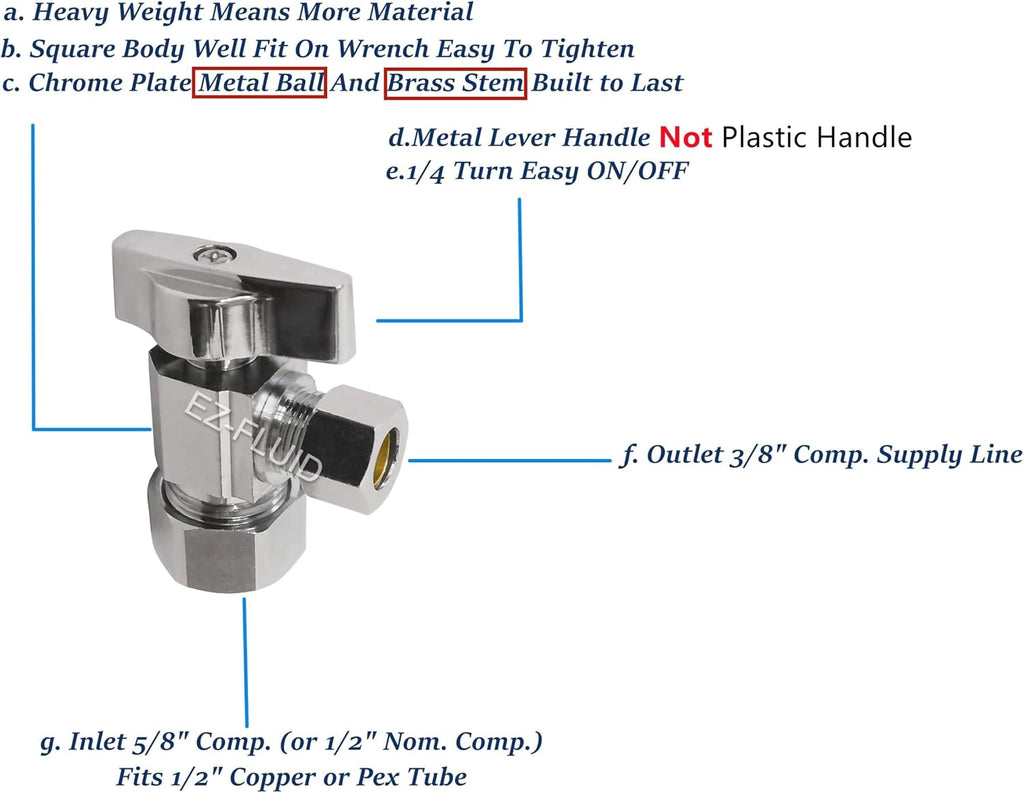 (1)EZ-Fluid Heavy Duty 1/2" Nom. (5/8" OD Comp) x 3/8" OD Comp Angle Stop Valve,1/4 Turn Handle,Chrome Brass Water