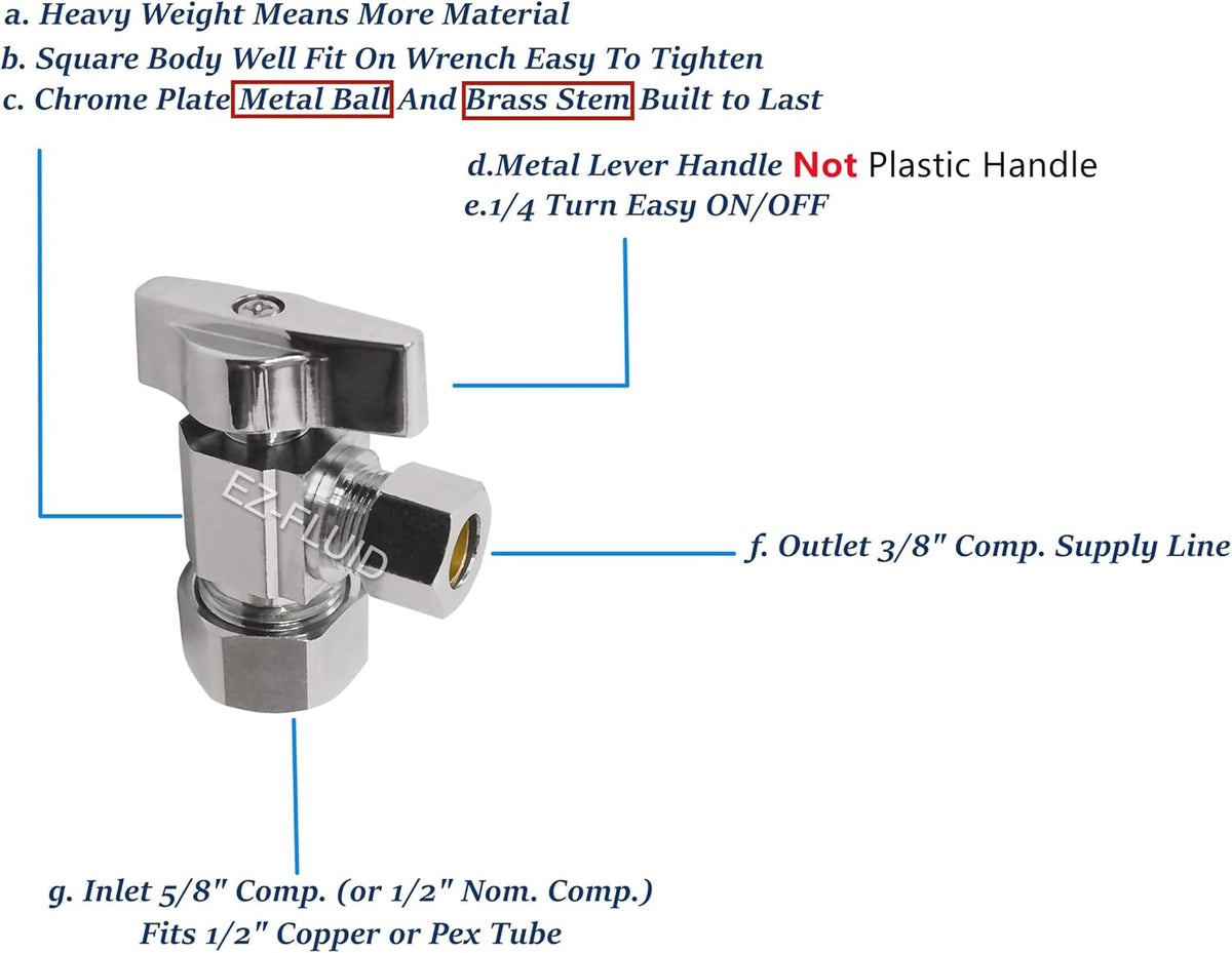 (1)EZ-Fluid Heavy Duty 1/2" Nom. (5/8" OD Comp) x 3/8" OD Comp Angle Stop Valve,1/4 Turn Handle,Chrome Brass Water