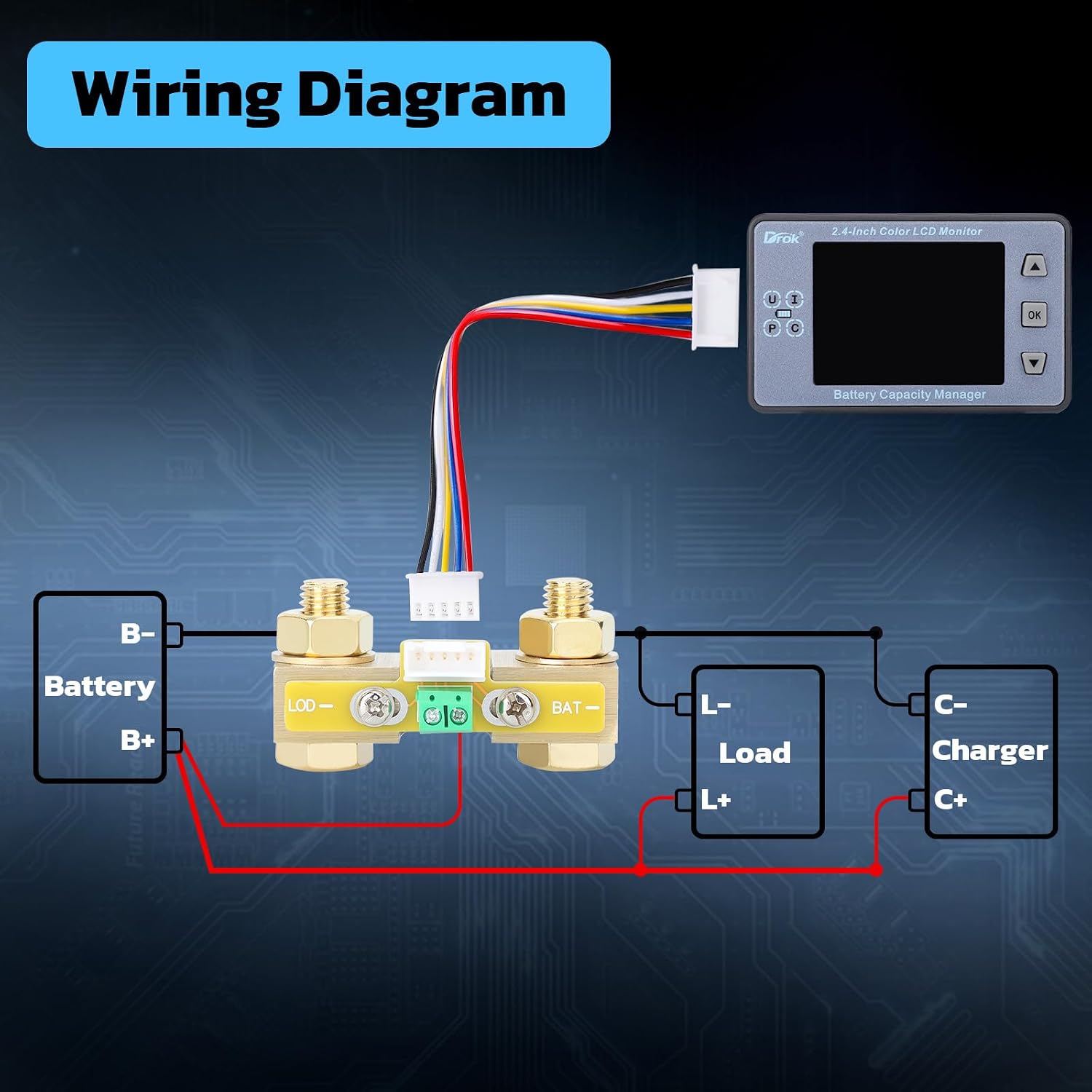 Charge Discharge Monitor, DC 8-100V 200A Battery Monitor 12V 24V 36V 48V 60V Coulometer Watt Meter, 2.4 inch LCD