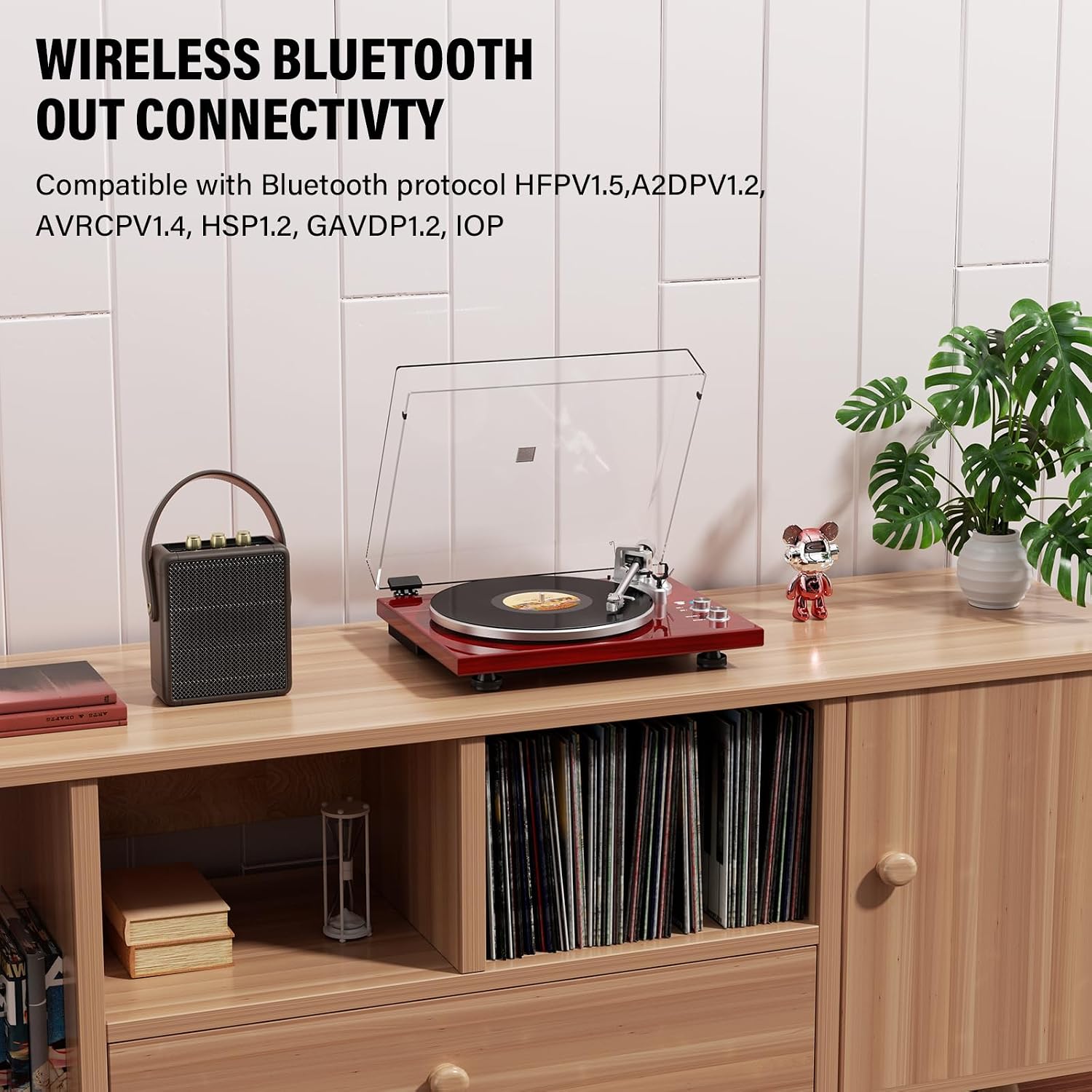 Belt Drive Turntable for Vinyl Record Player and Bluetooth Output(Red) | Built-in Phono Preamp,USB Digital