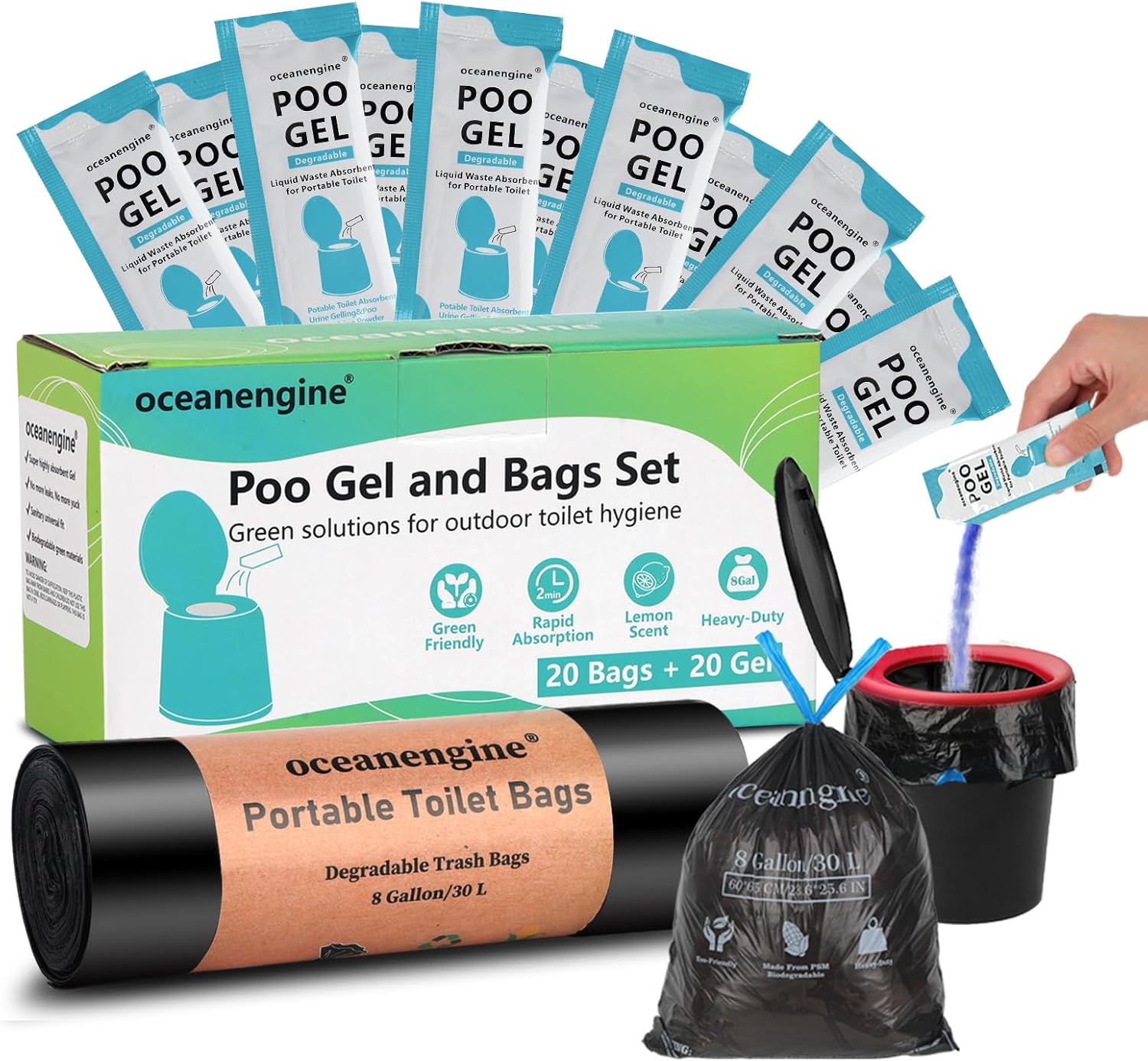 Portable Toilet Bags Poo Gel Set, 8 Gallon Camping Toilet Bags with Portable Toilet Absorbent Gel, Compostable