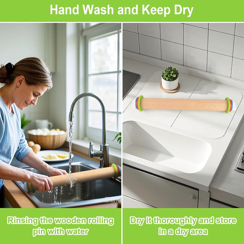 Wood Rolling Pin with Thickness Rings, Adjustable Wooden Rolling Pins for Baking, Dough Roller Pins for Cookie Pastry