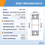 BRK (1 Pack) 6202-2RS Deep Groove Ball Bearing 15x35x11mm, Chrome Steel
